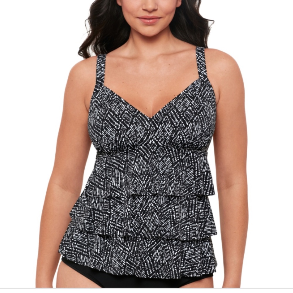NWT Swim Solutions Women's Printed Triple Tier Tankini Top - Black/White